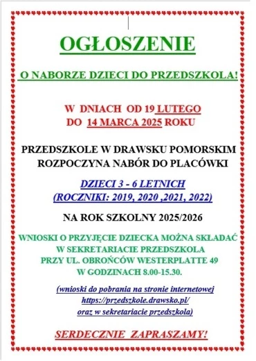 REKROTACJA DO PRZEDSZKOLA NA ROK SZKOLNY 2025/2026