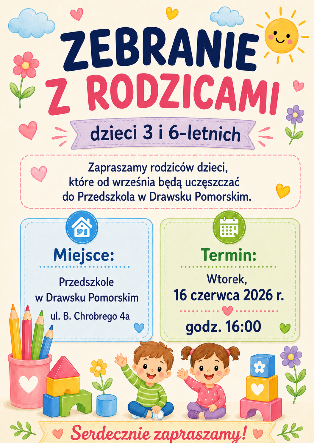 Zdjęcie do OGŁOSZENIE O ZEBRANIU Z RODZICAMI DZIECI, KT&Oacute;RE BĘDĄ UCZĘSZCZAŁY DO PRZEDSZKOLA W DRAWSKU POMORSKIM W ROKU SZKOLNYM 2026/2027